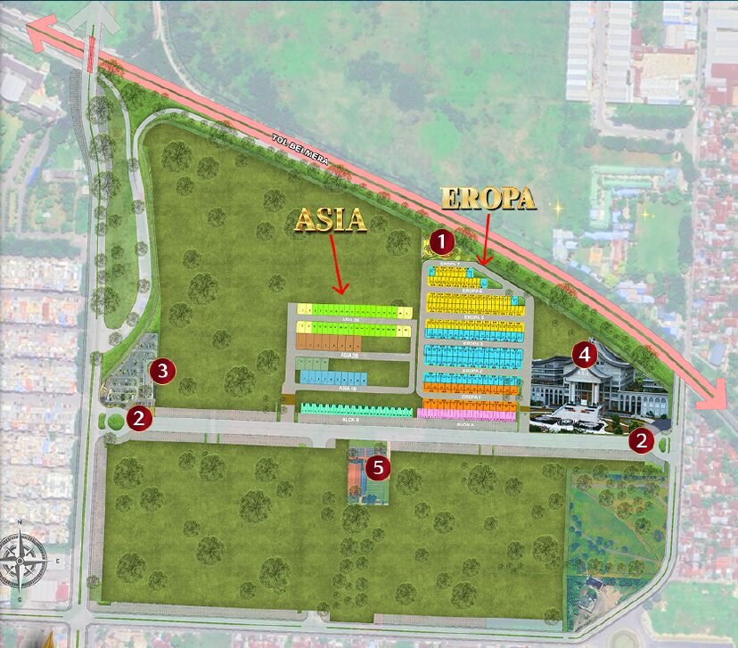 Foto asli bangunan Clubhouse dengan fasad modern dan kolam renang di depannya